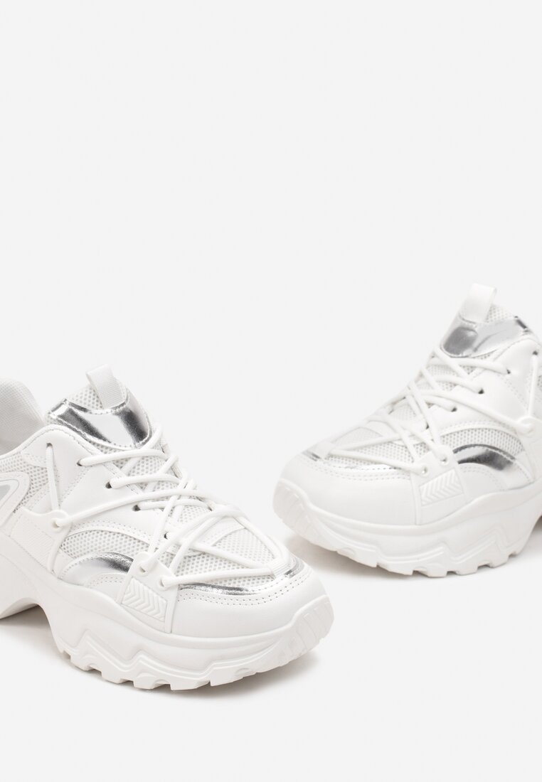 Białe Sneakersy z Ekoskóry ze Sznurowaniem Ozdobione Ażurową Siateczką Mochani