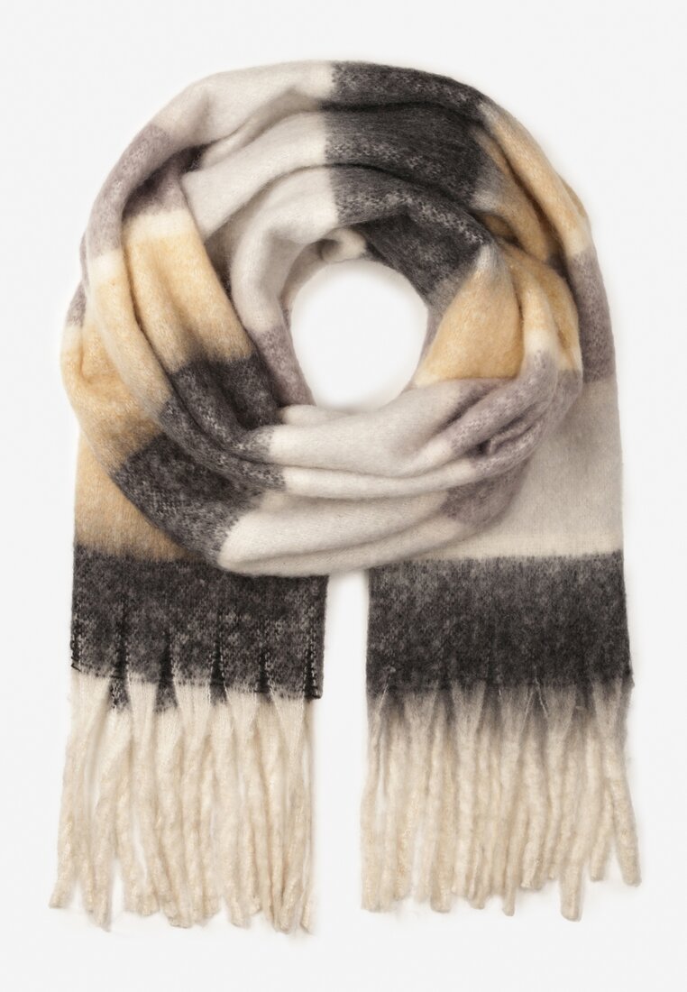 Szary Prostokątny Szalik w Szeroką Kratę z Frędzlami Vansile
