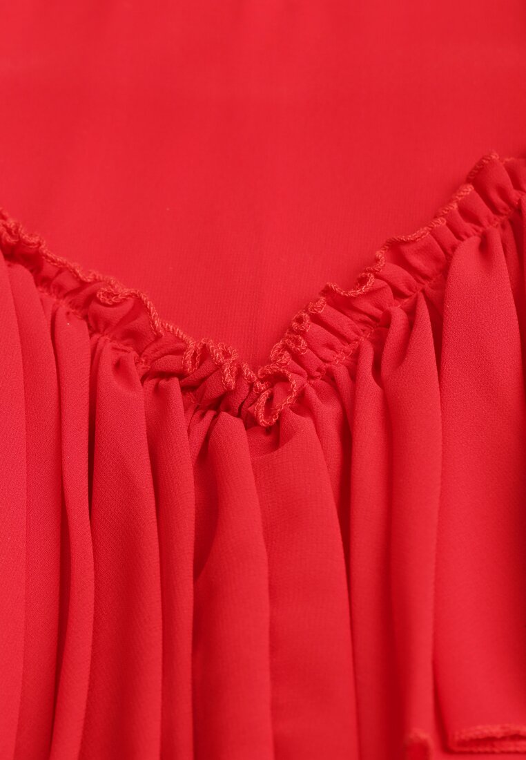 Rochie roșie evazată tip salopetă cu volane și dantelă Pokisa