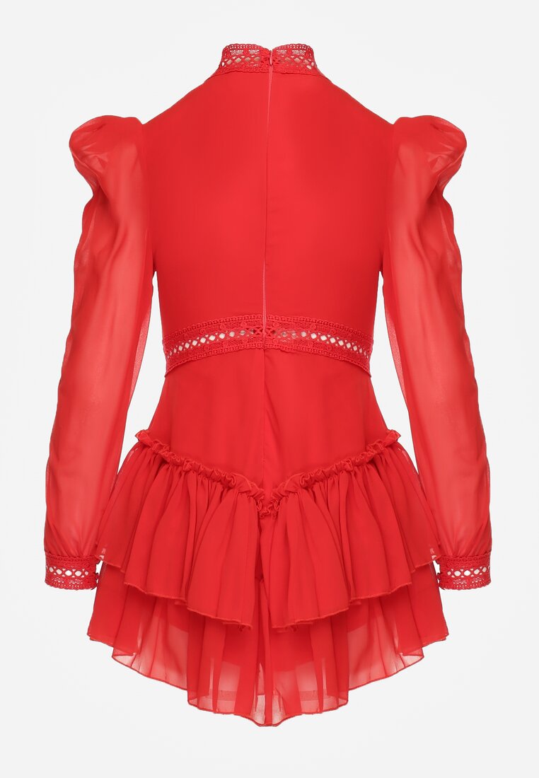 Rochie roșie evazată tip salopetă cu volane și dantelă Pokisa