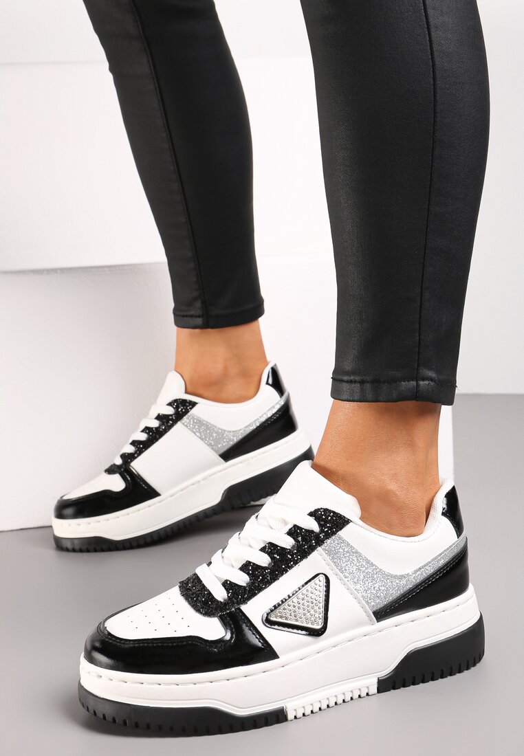 Czarno-Białe Sneakersy na Platformie Blossina