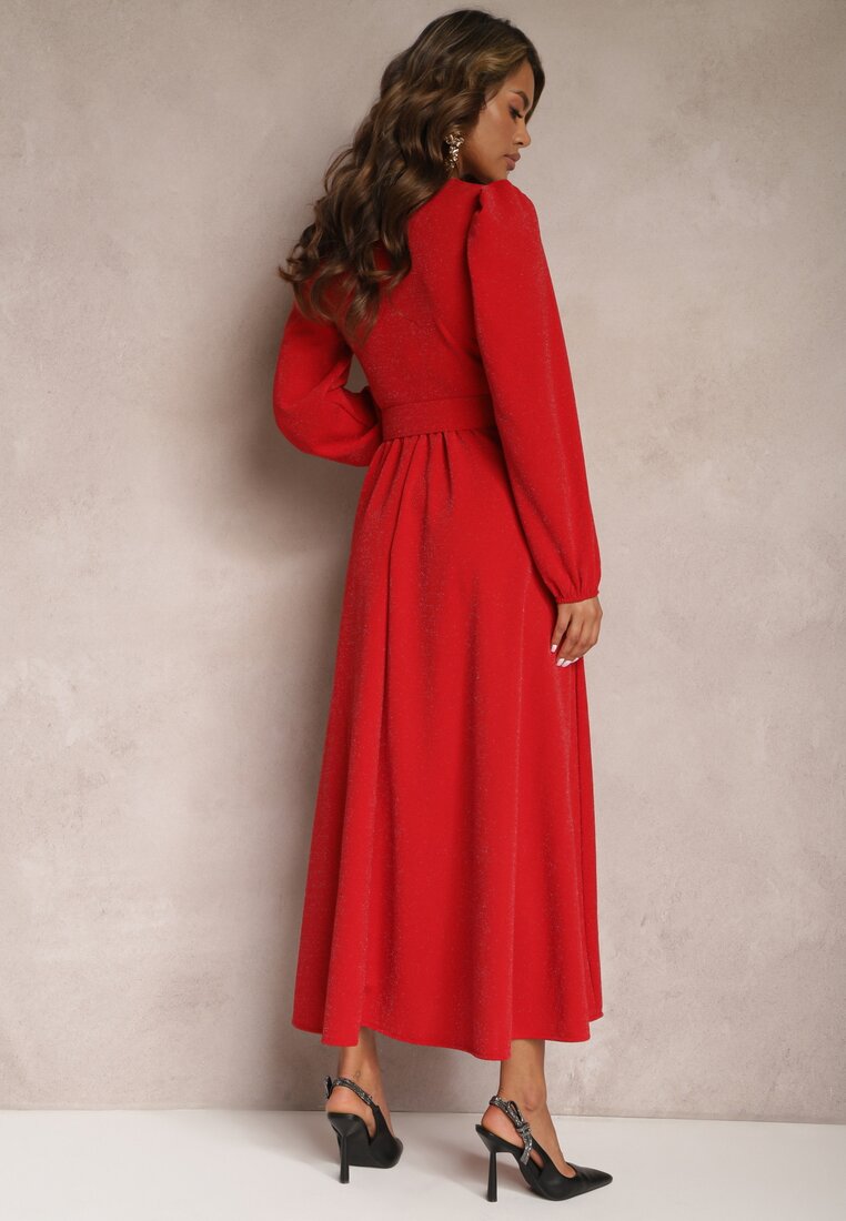Czerwona Kopertowa Sukienka Maxi o Rozkloszowanym Fasonie z Paskiem Linuia