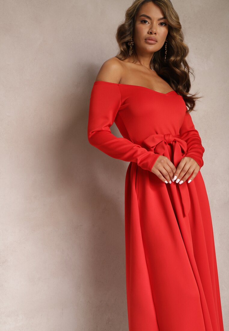 Czerwona Rozkloszowana Sukienka za Kolano Celadra