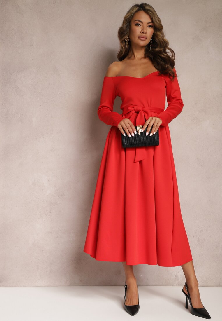 Czerwona Rozkloszowana Sukienka za Kolano Celadra