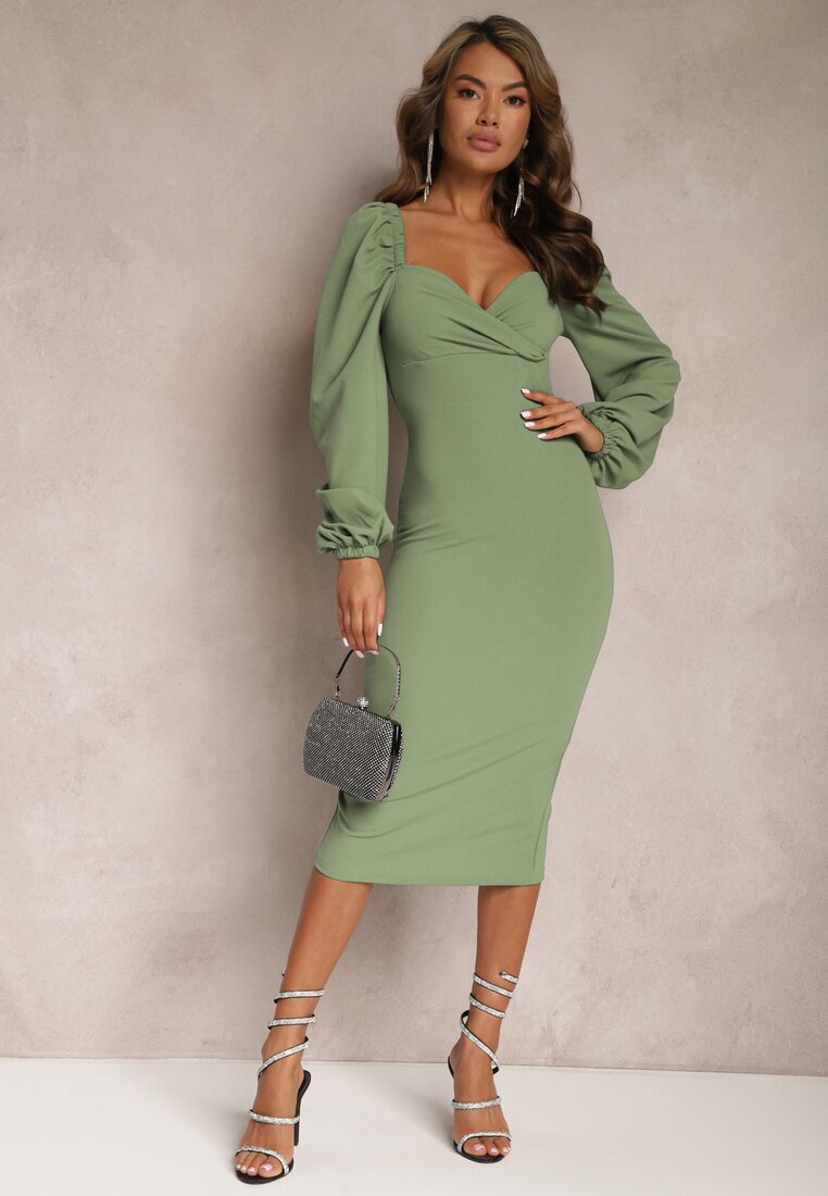 Rochie midi verde deschis tip creion cu drapaj și mâneci bufante Revie