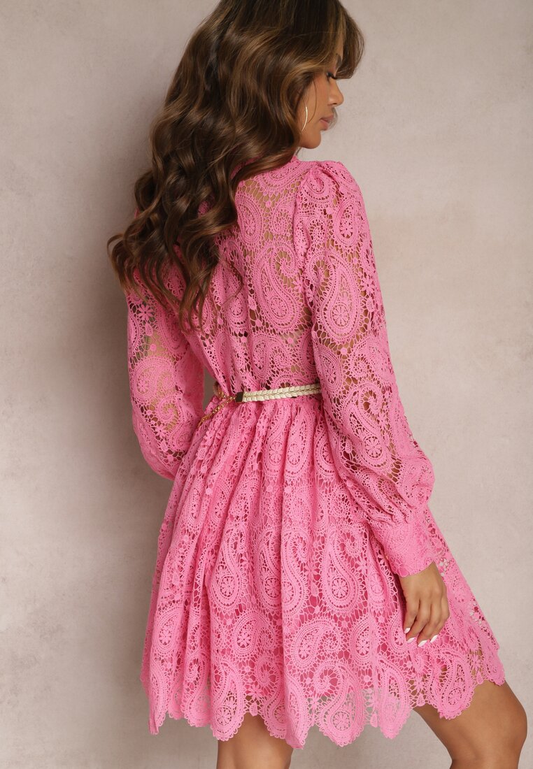 Różowa Koszulowa Sukienka Koronkowa z Paskiem Elvila