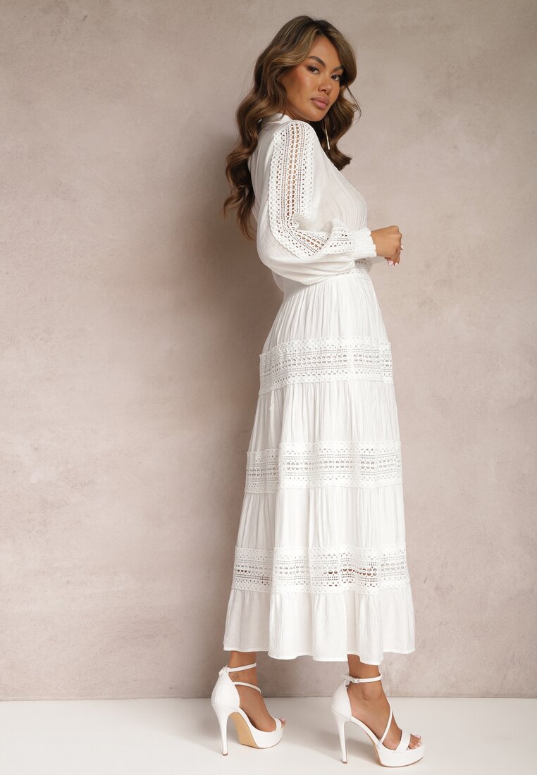 Biała Sukienka Maxi z Ażurowymi Wstawkami i Trójkątnym Dekoltem Fanuelis
