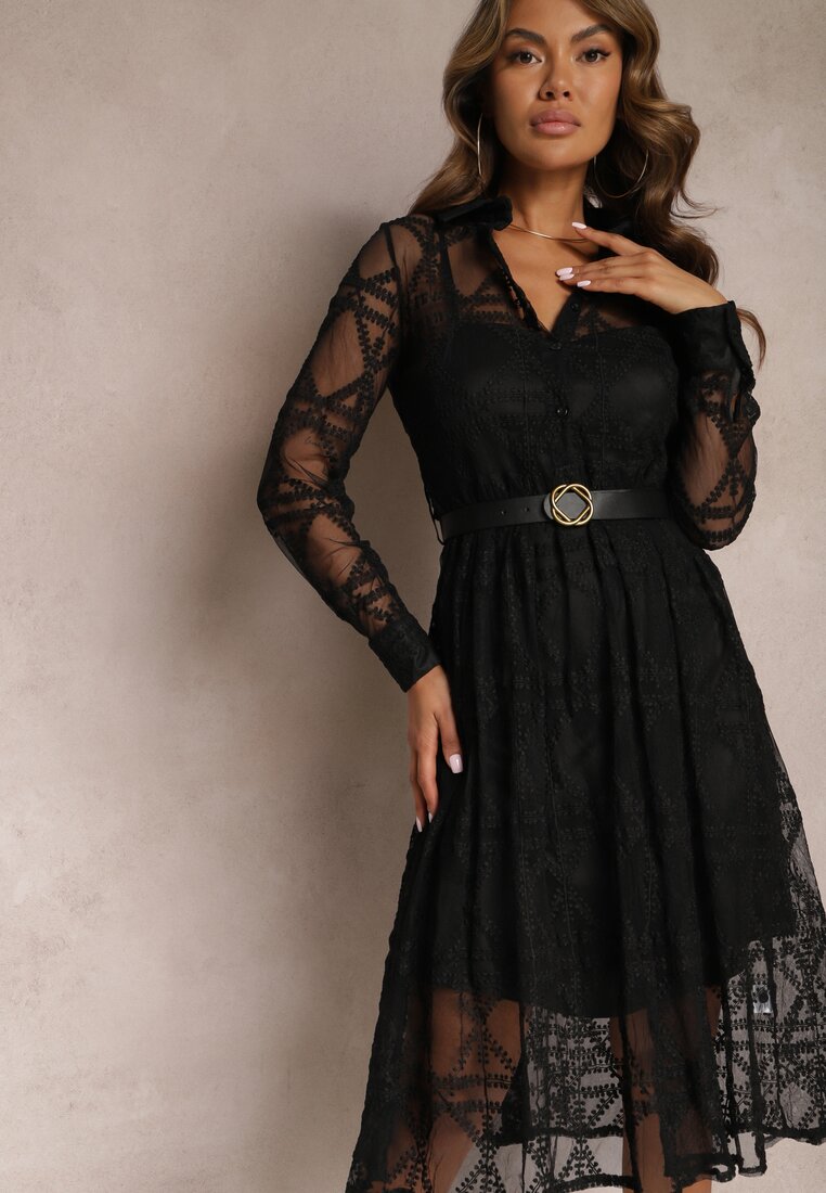 Czarna Haftowana Sukienka Midi z Paskiem Binaela
