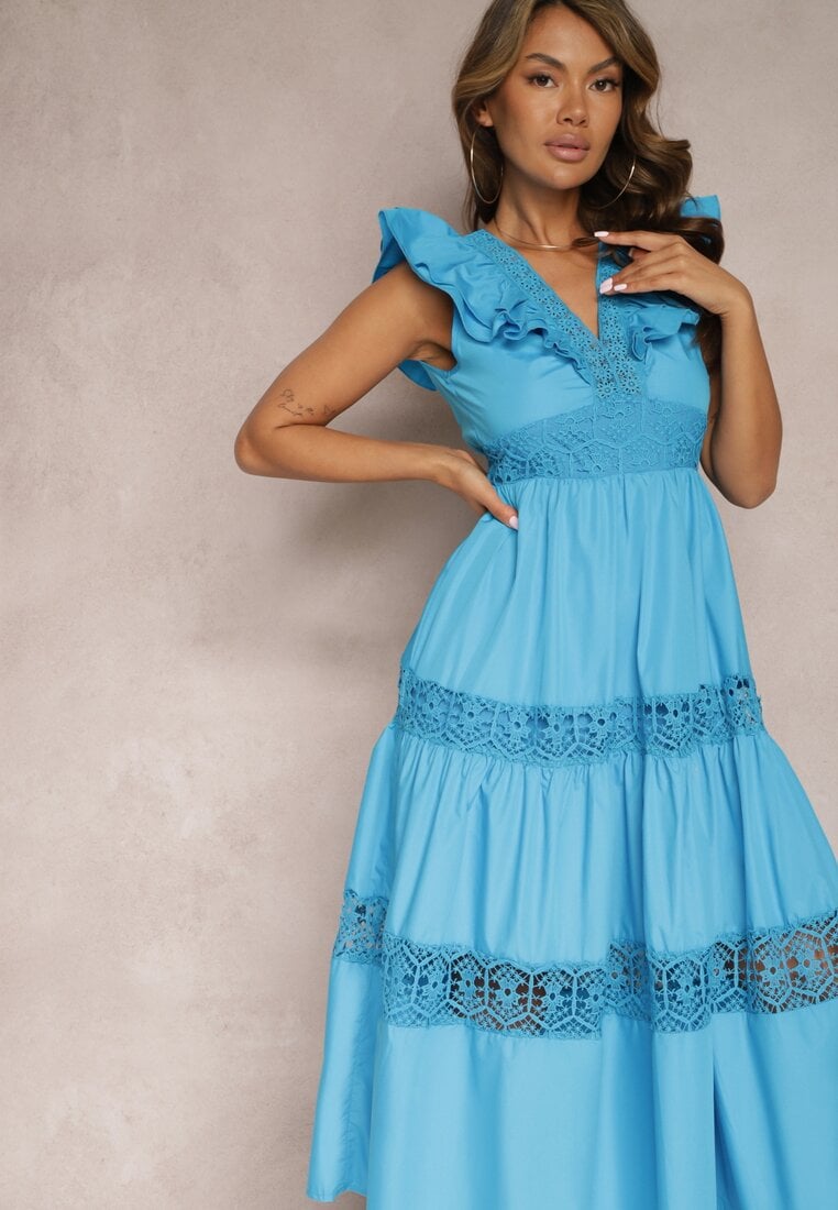 Niebieska Rozkloszowana Sukienka Maxi z Koronką i Wiązaniem na Plecach Iofia
