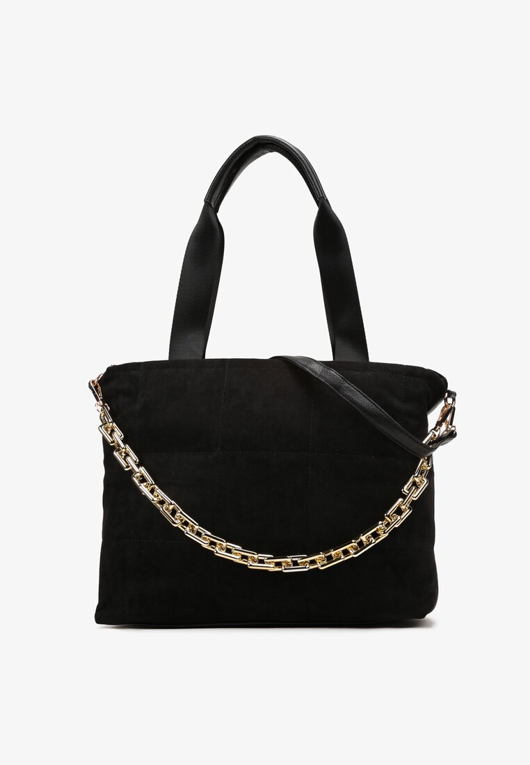 Geantă Shopper Neagră din Imitatie de Camos cu Lanț Decorativ Kasanva
