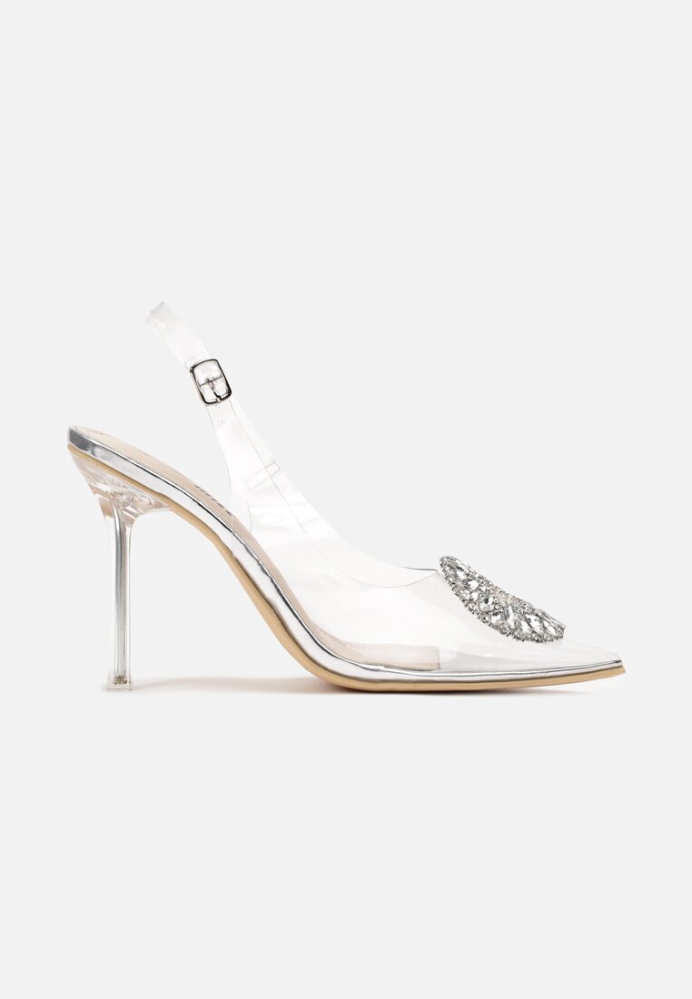 Srebrne Transparentne Sandały na Szpilce z Klamrą w Cyrkonie Luxuria