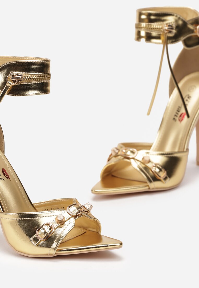 Złote Połyskujące Sandały na Szpilce z Metalicznymi Wstawkami Virela