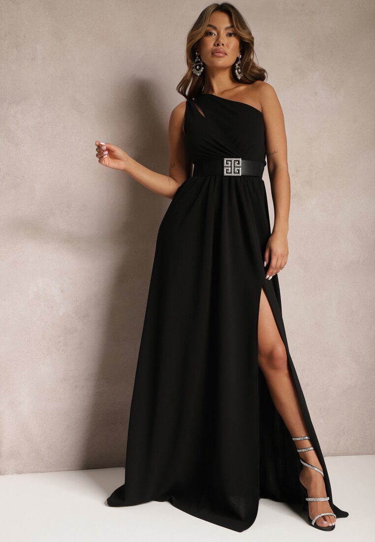 Czarna Asymetryczna Sukienka Rozkloszowana Maxi Adavia