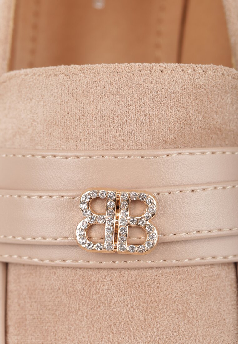 Beżowe Półbuty na Grubym Słupku z Paskiem z Klamerką Celuri