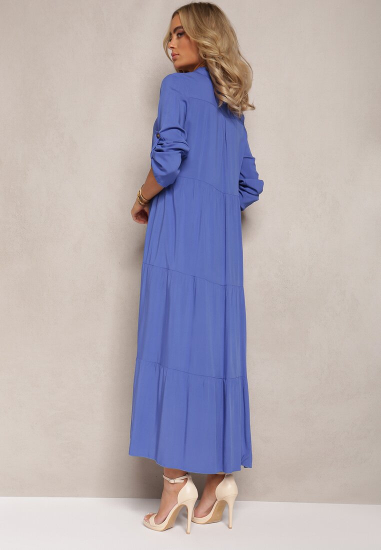 Niebieska Koszulowa Sukienka Maxi z Bawełny Junira