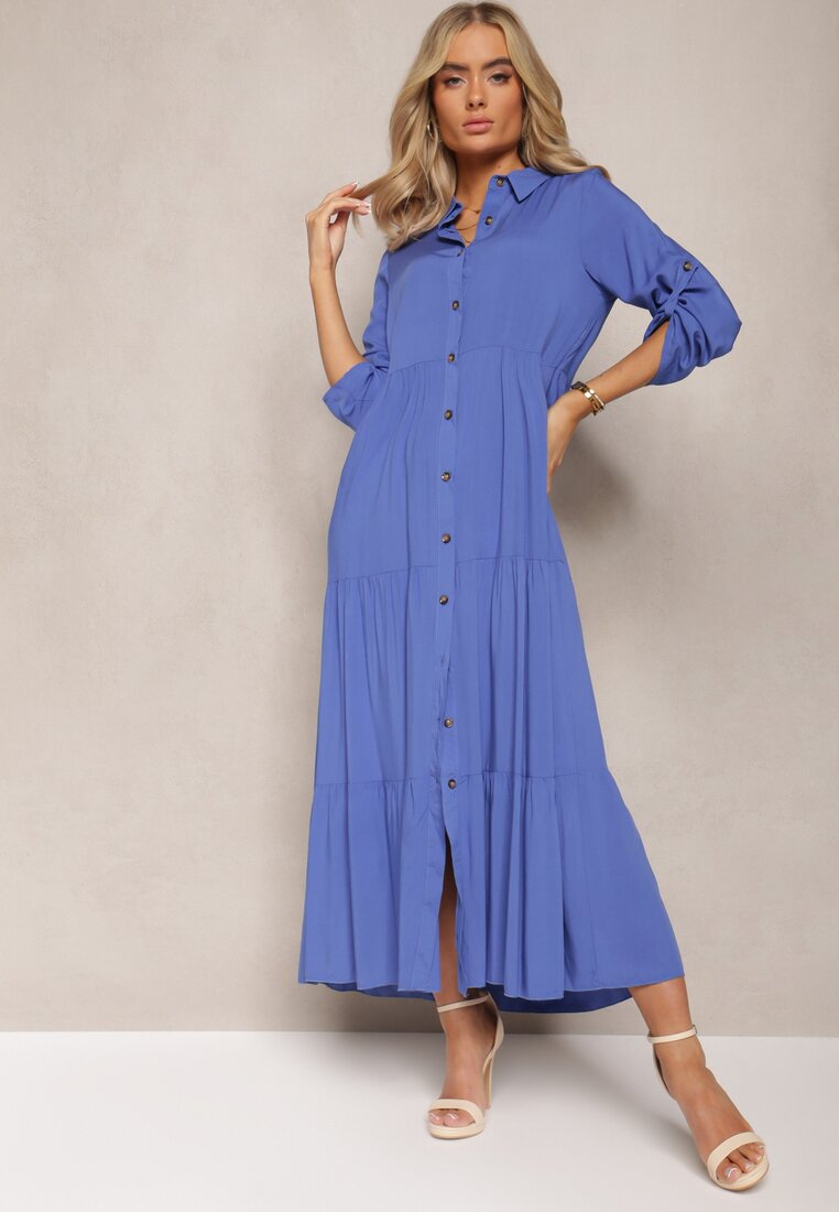Niebieska Koszulowa Sukienka Maxi z Bawełny Junira