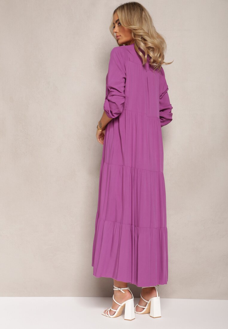 Fioletowa Koszulowa Sukienka Maxi z Bawełny Junira