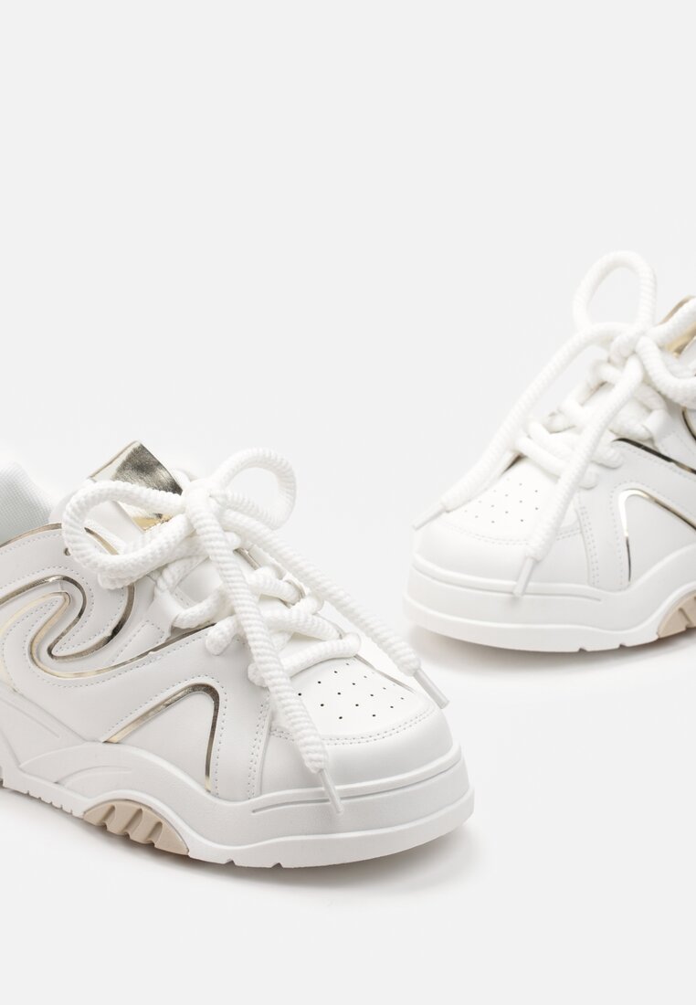 Biało-Złote Sneakersy na Platformie z Grubymi Sznurówkami Imyria