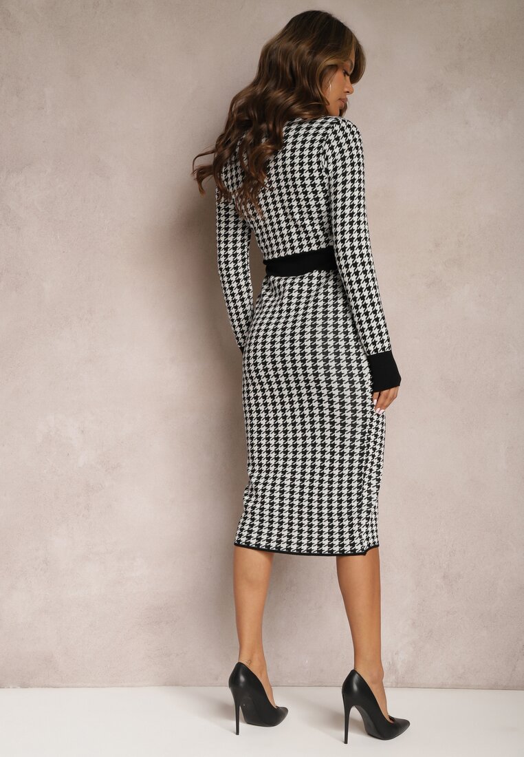 Biało-Czarna Wiskozowa Sukienka Midi z Pepitką i Kontrastową Lamówką Umabia