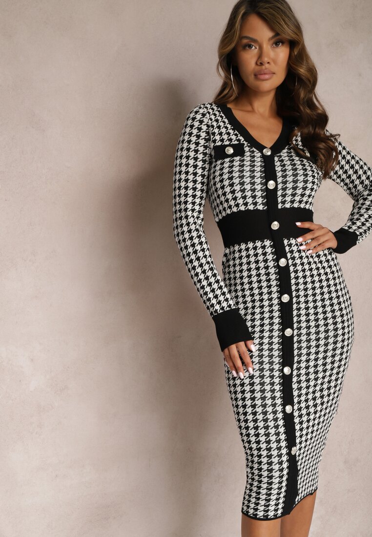 Biało-Czarna Wiskozowa Sukienka Midi z Pepitką i Kontrastową Lamówką Umabia