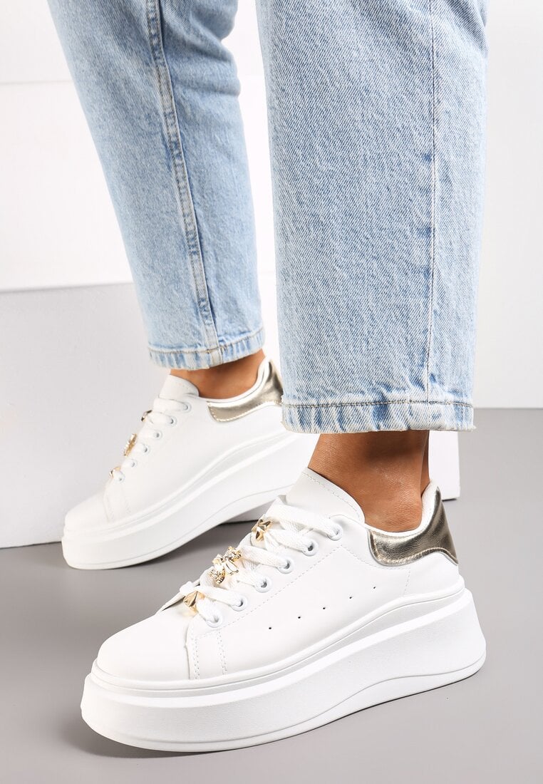 Sneakerși Albi-Aurii pe Talpă Groasă Celessi