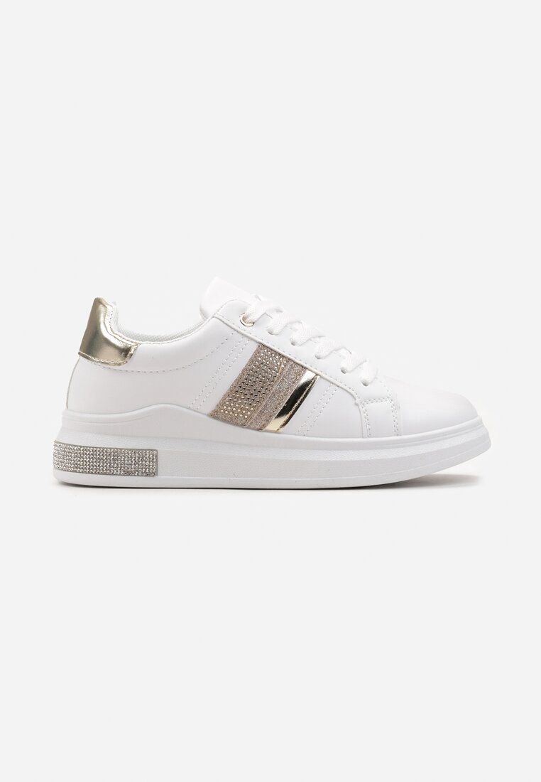 Biało-Złote Sneakersy z Imitacji Skóry z Metalicznym Akcentem i Cyrkoniami Evadine