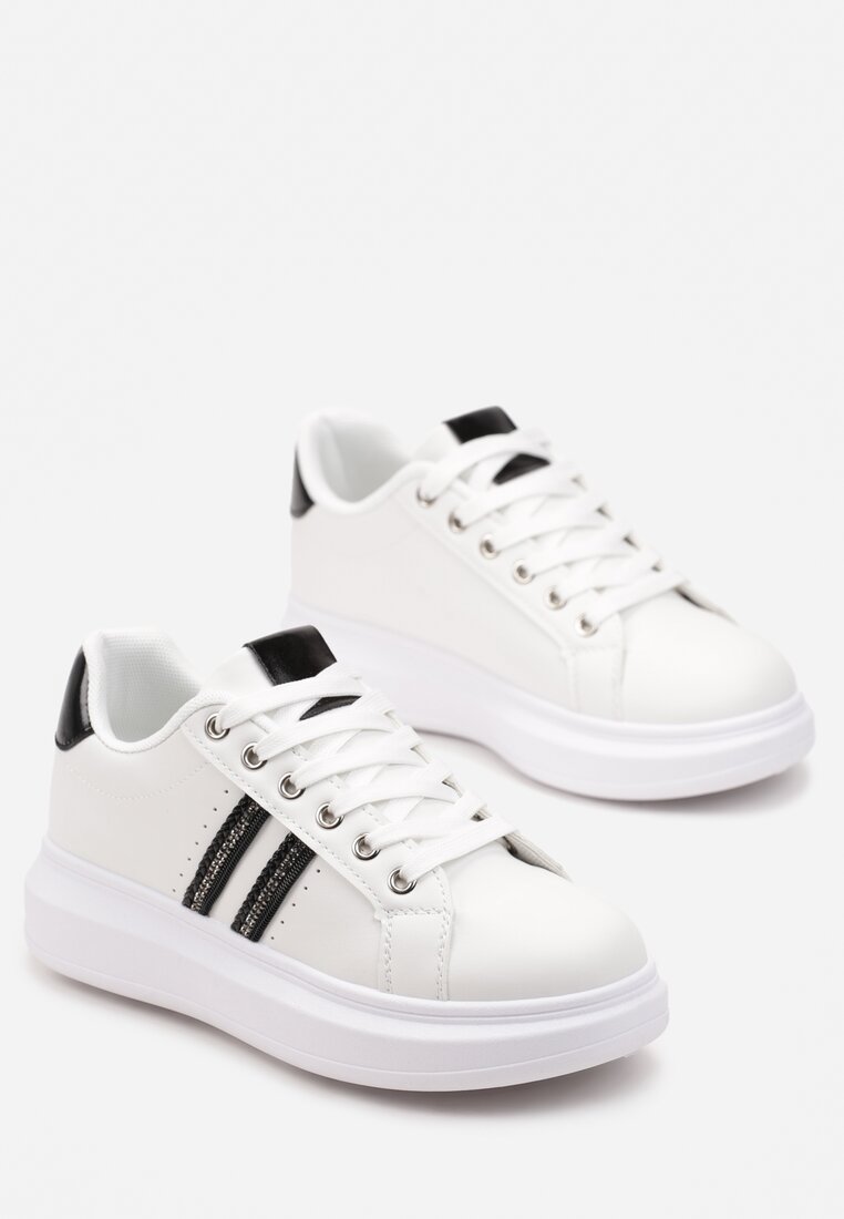 Sneakerși Alb-Negri Înnălțați cu Șiret din Imitatie de Piele Decorați cu Barete cu Pietre Strass Isolinna