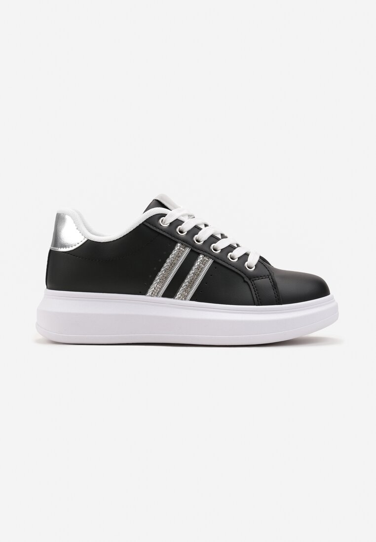 Sneakers negri cu șireturi din imitație de piele decorați cu benzi cu zirconii Isolinna