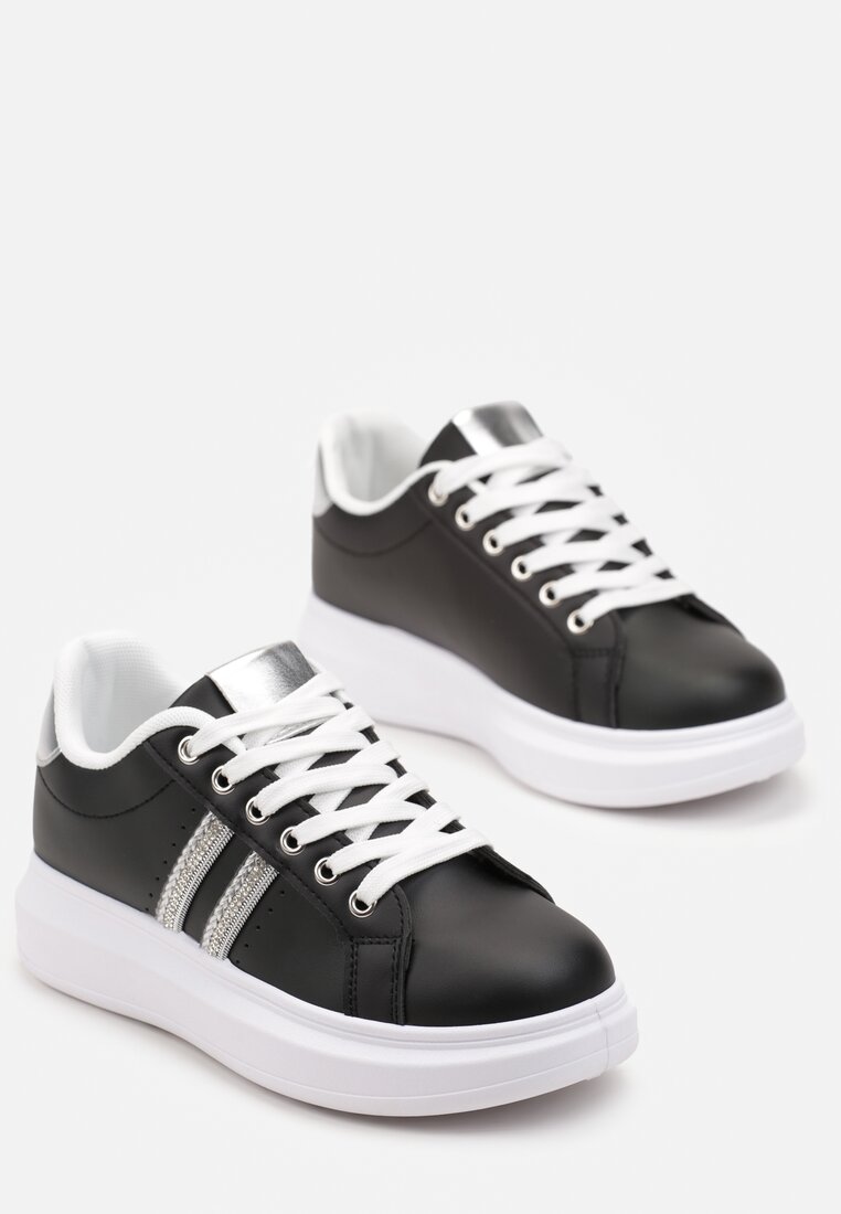 Sneakers negri cu șireturi din imitație de piele decorați cu benzi cu zirconii Isolinna