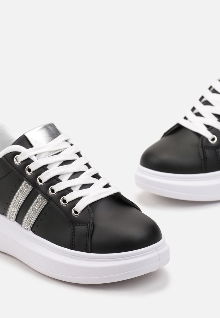 Czarne Sznurowane Sneakersy z Imitacji Skóry Ozdobione Paskami z Cyrkoniami Isolinna