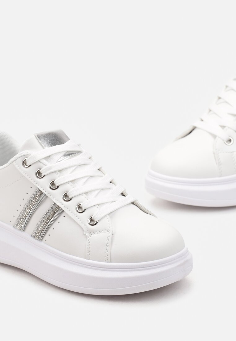 Sneakers Albi-Argintii cu Șiret din Imitatie de Piele cu Barete cu Zirconiu Isolinna