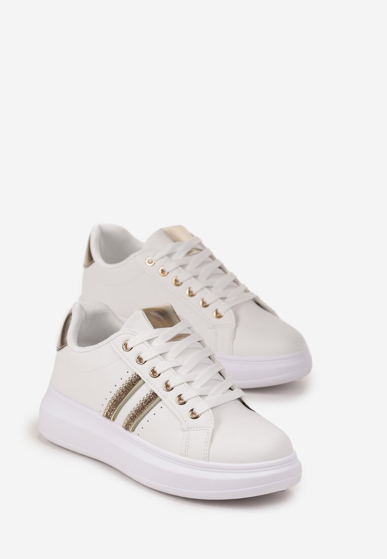 Biało-Złote Sznurowane Sneakersy z Imitacji Skóry Ozdobione Paskami z Cyrkoniami Isolinna