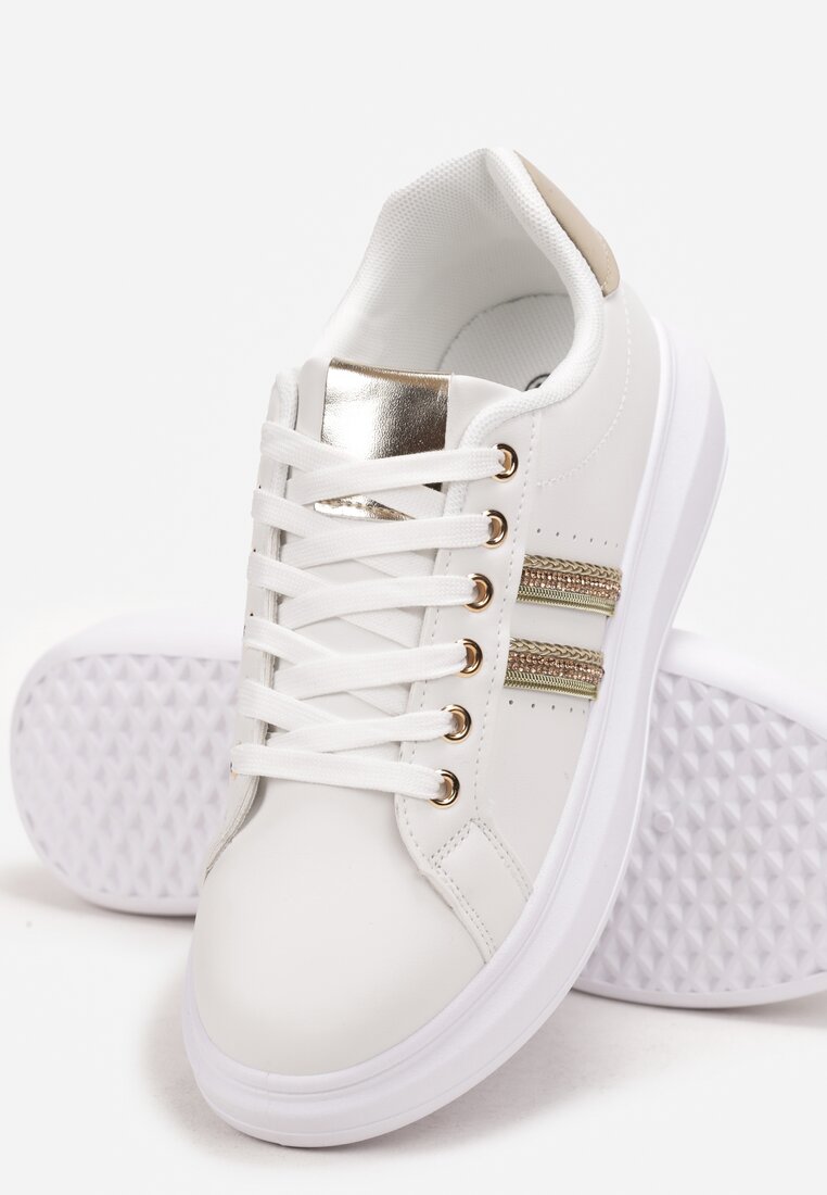 Biało-Złote Sznurowane Sneakersy z Imitacji Skóry Ozdobione Paskami z Cyrkoniami Isolinna