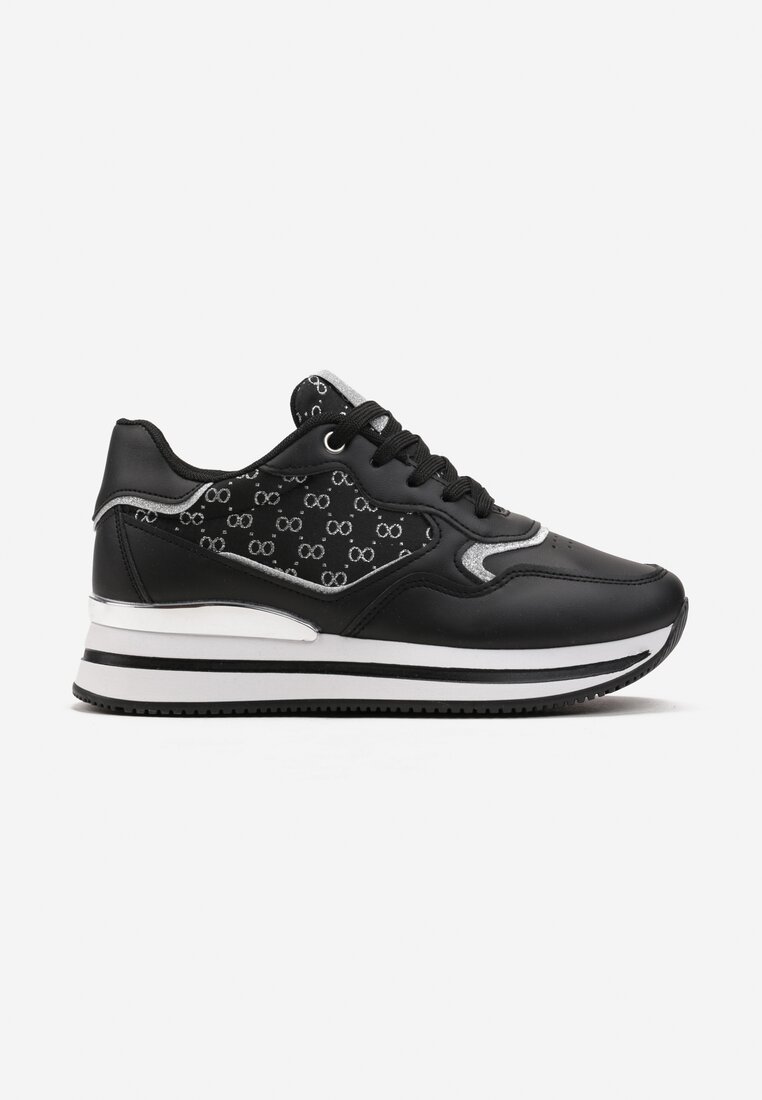 Czarne Sneakersy na Grubej Podeszwie z Metaliczną Wstawką Piria