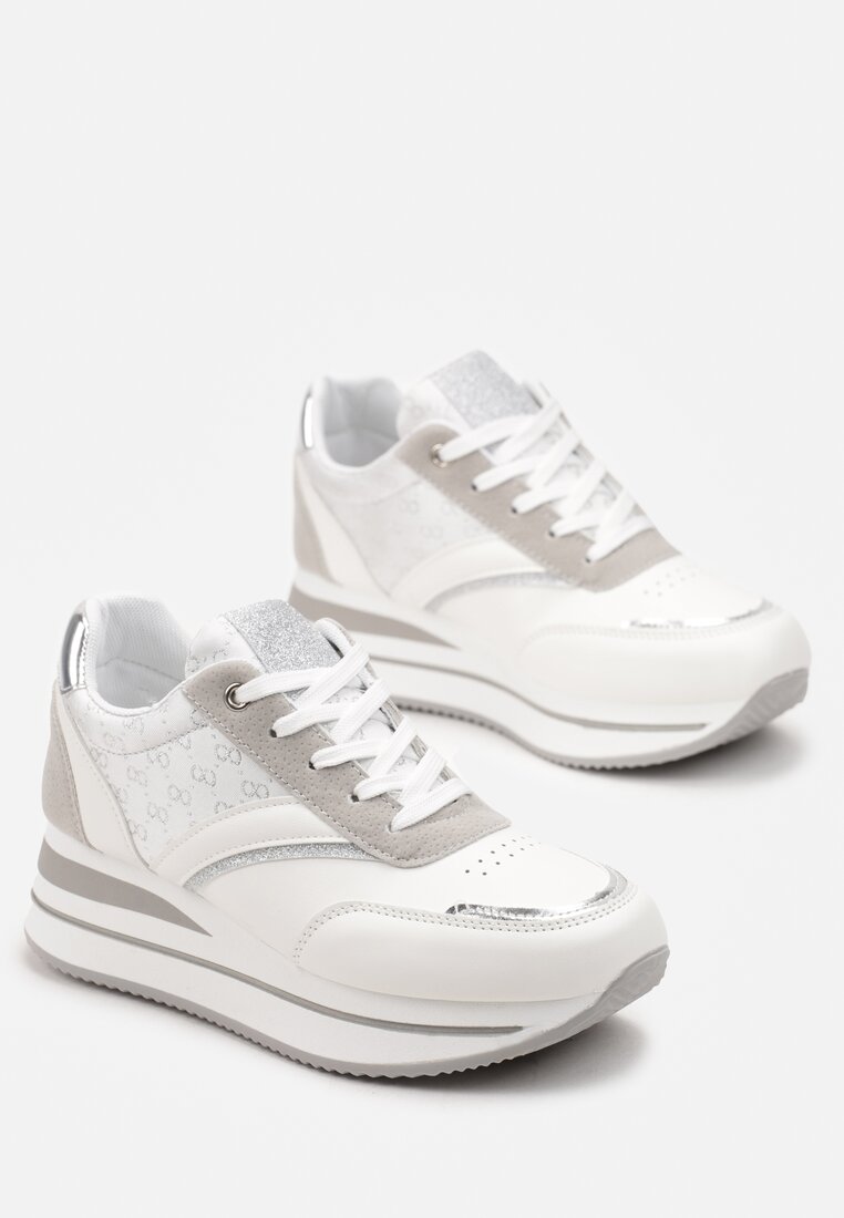 Białe Sneakersy na Platformie z Metaliczną Wstawką Kariel