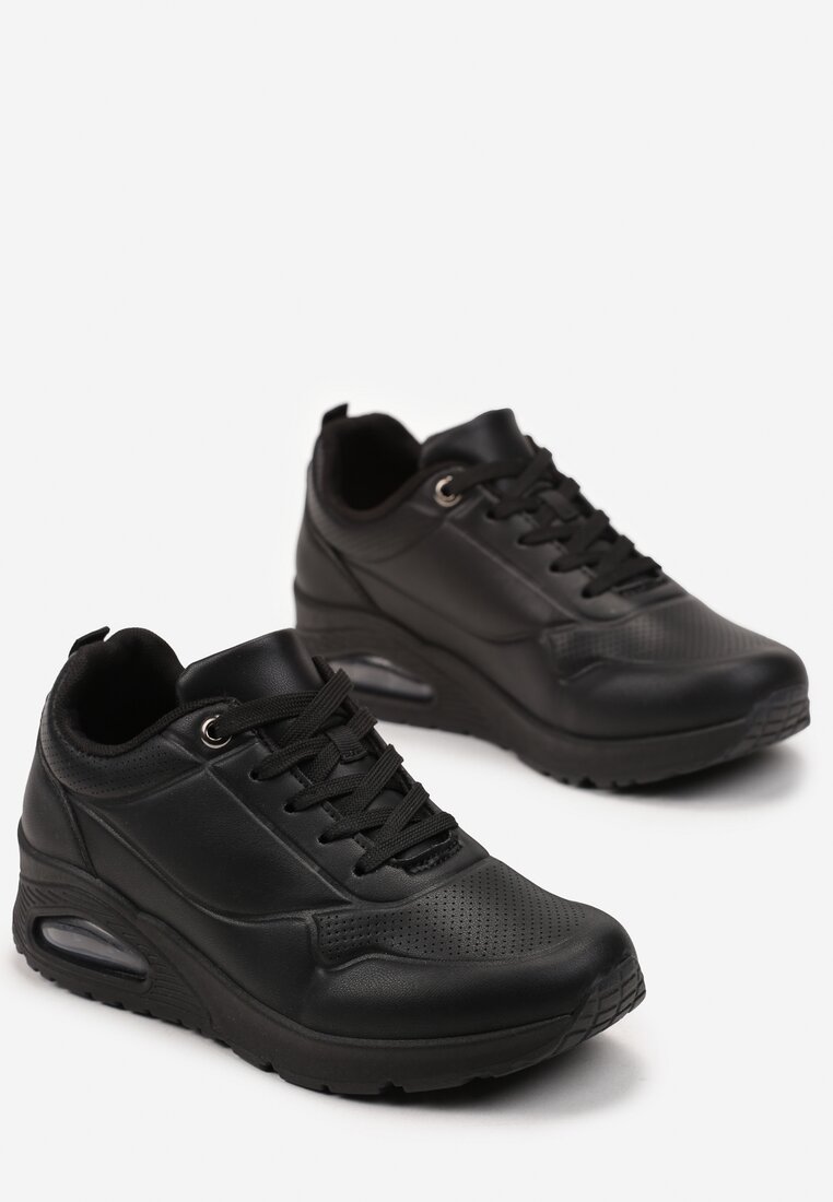 Czarne Sneakersy z Imitacji Skóry na Podeszwie Air ze Sznurowaniem Nirele