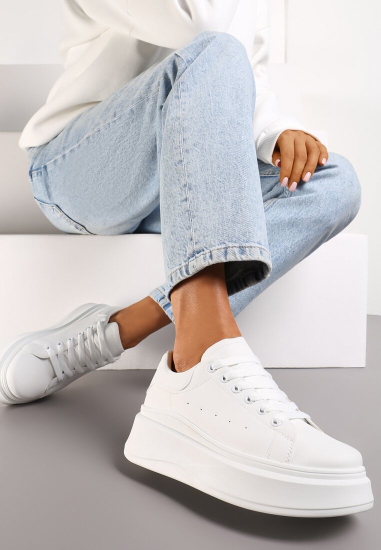 Białe Sneakersy z Ekoskóry na Platformie ze Sznurowaniem Marienli