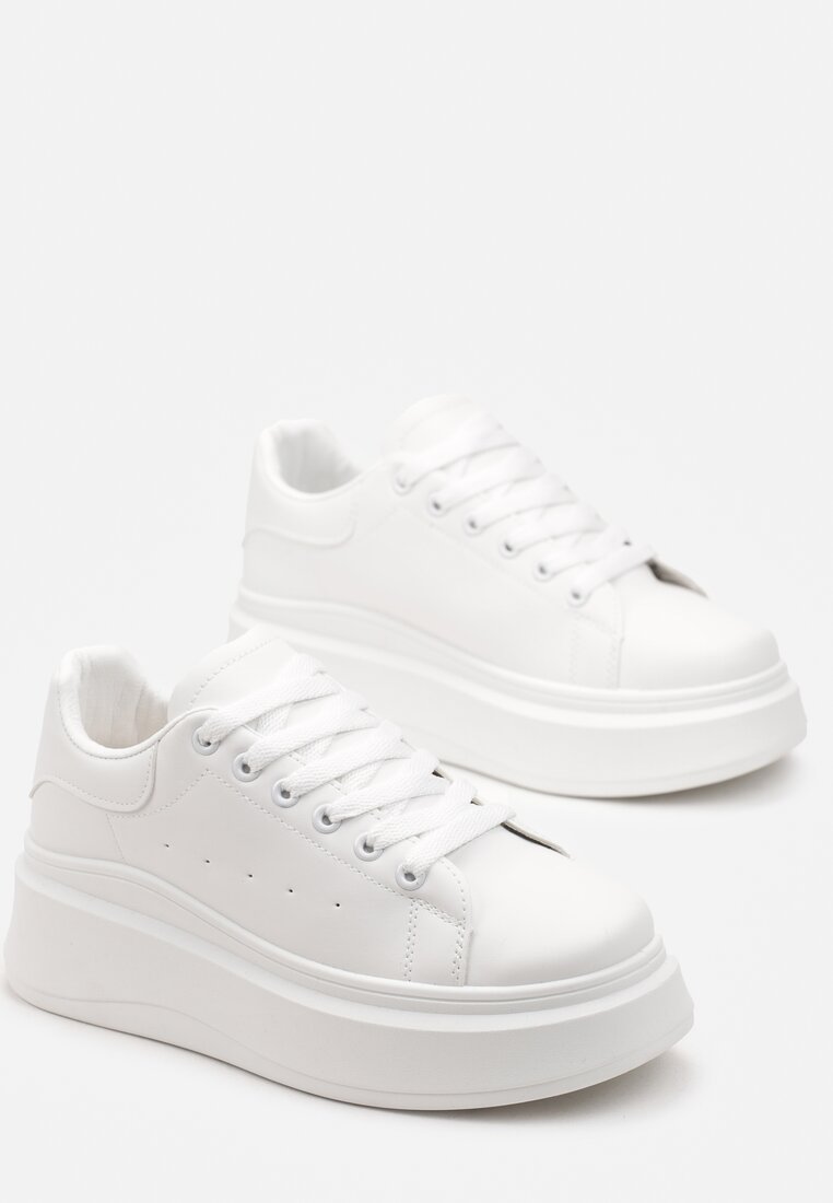 Białe Sneakersy z Ekoskóry na Platformie ze Sznurowaniem Marienli
