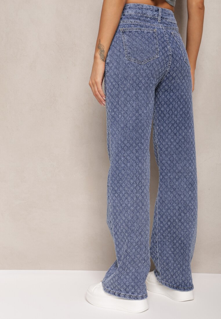 Niebieskie Szerokie Jeansy z Bawełny w Drobny Wzór z Kieszeniami Ilmira