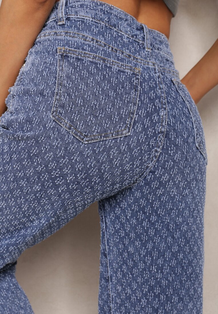 Niebieskie Szerokie Jeansy z Bawełny w Drobny Wzór z Kieszeniami Ilmira