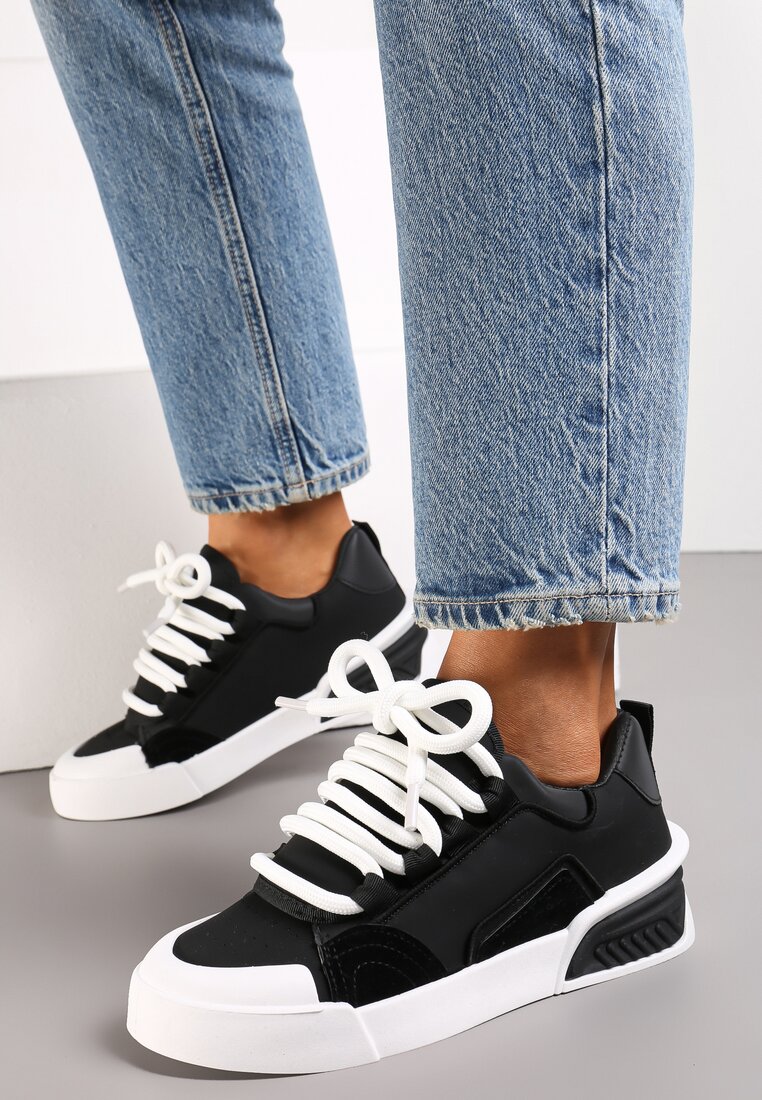 Czarne Sneakersy w Stylu Trampek z Szerokimi Sznurówkami na Grubej Podeszwie Sakarias