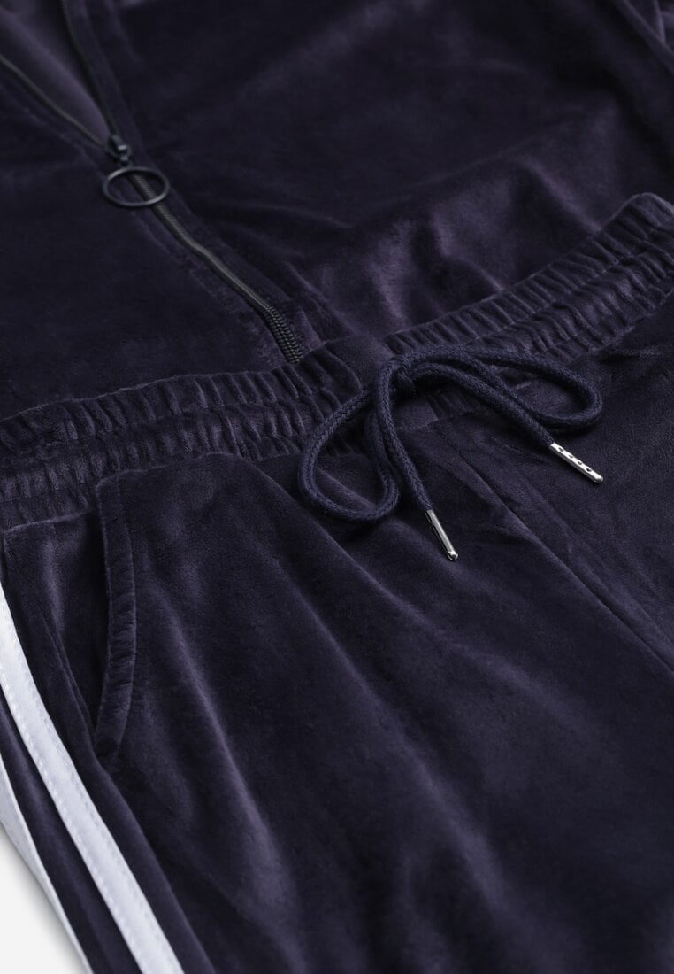 Bleumarin Compleu Hanorac și Pantaloni din Velur cu Benzi Decorative Anelpe