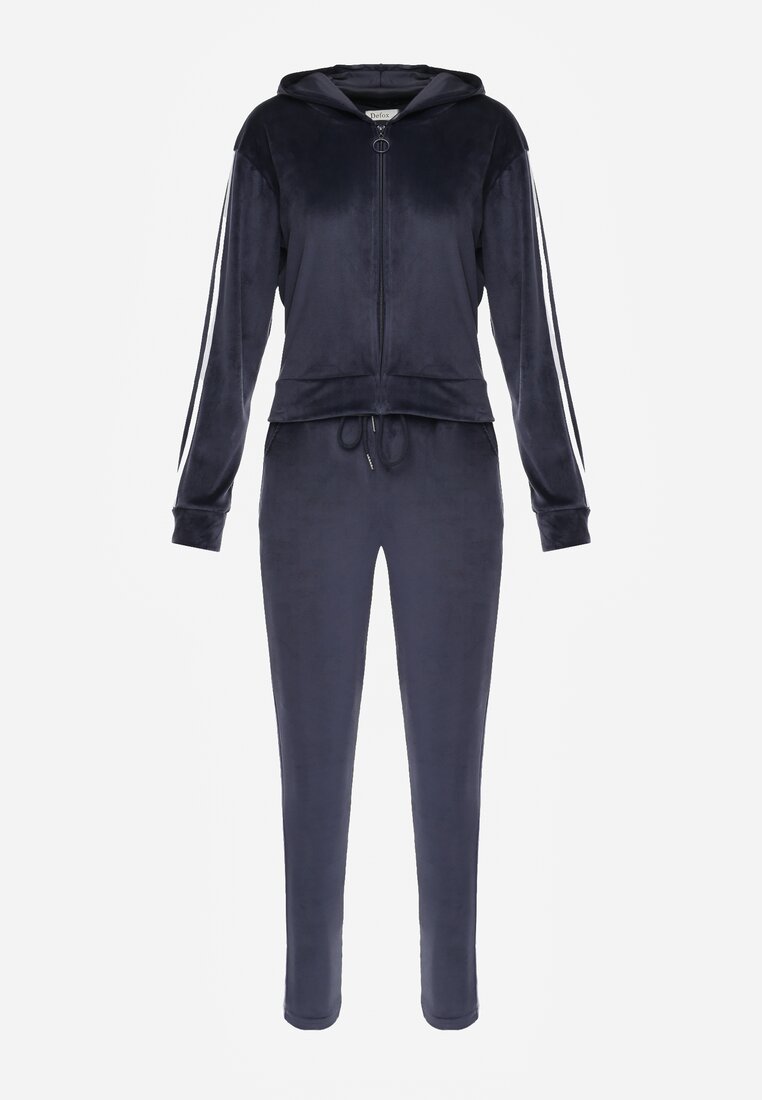 Bleumarin Compleu Hanorac și Pantaloni din Velur cu Benzi Decorative Anelpe