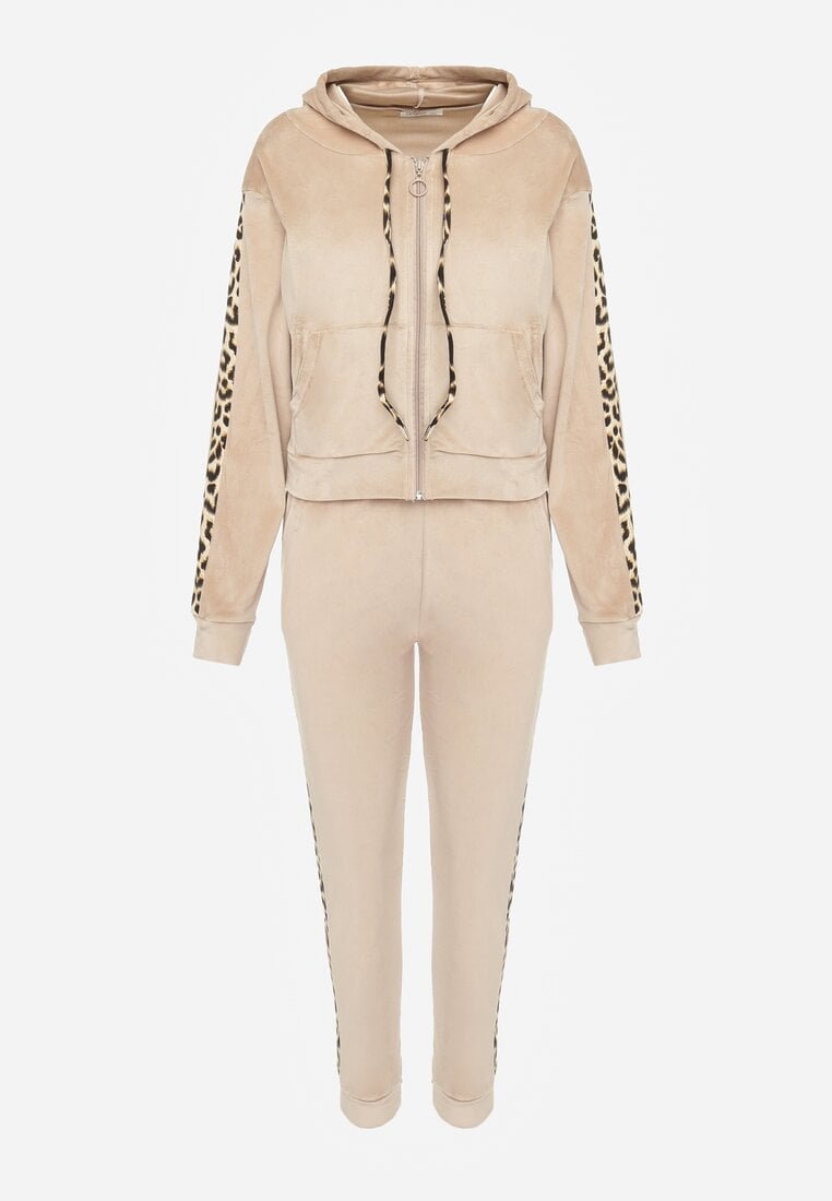 Set de trening din catifea bej decorat cu benzi ornamentale cu buline Anilwo