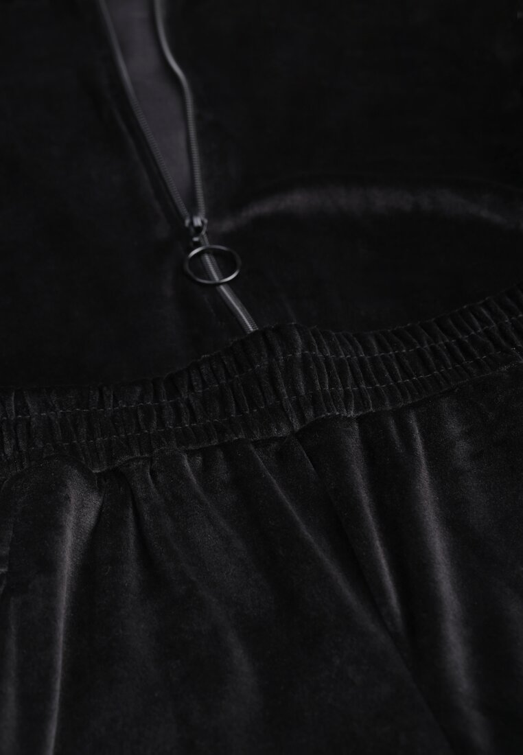 Czarny Komplet Dresowy z Welurowej Dzianiny Szerokie Spodnie i Krótka Bluza Avilti