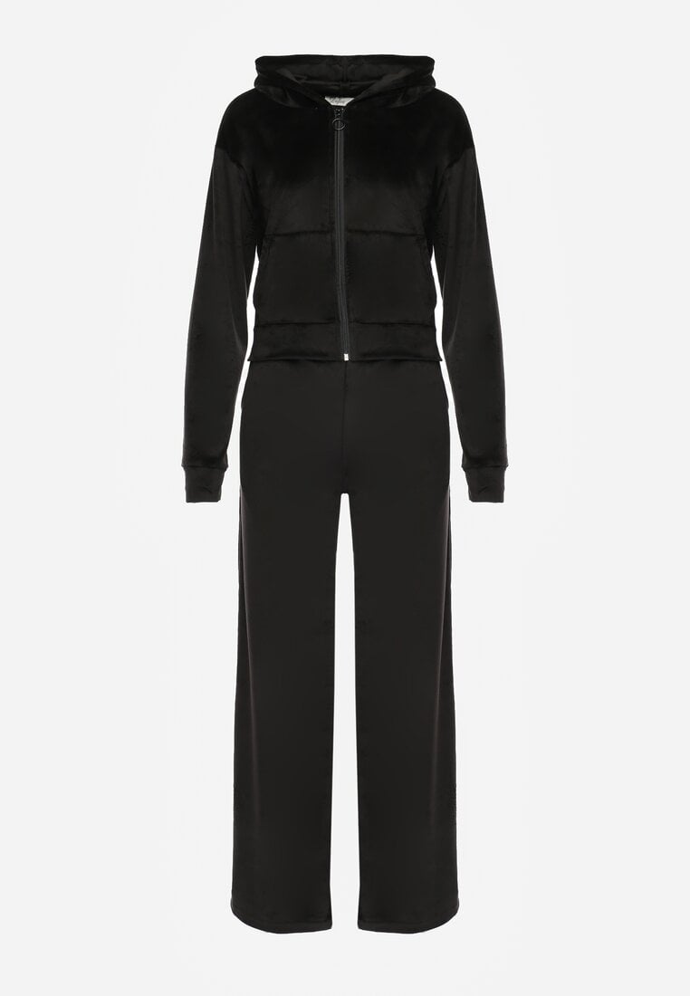 Czarny Komplet Dresowy z Welurowej Dzianiny Szerokie Spodnie i Krótka Bluza Avilti