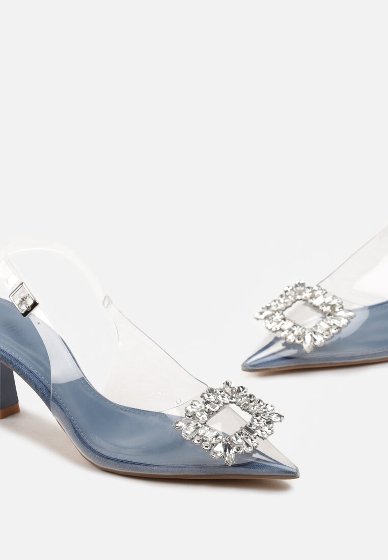 Niebieskie Przeźroczyste Sandały na Obcasie Typu Kaczuszka Ozdobione Błyszczącą Klamrą Gimiona