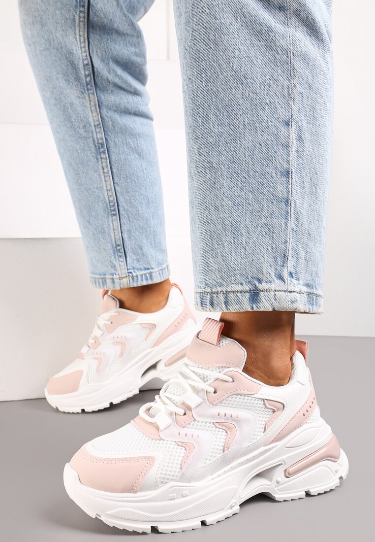 Biało-Różowe Sneakersy na Grubej Podeszwie z Metalicznymi Wstawkami Seta