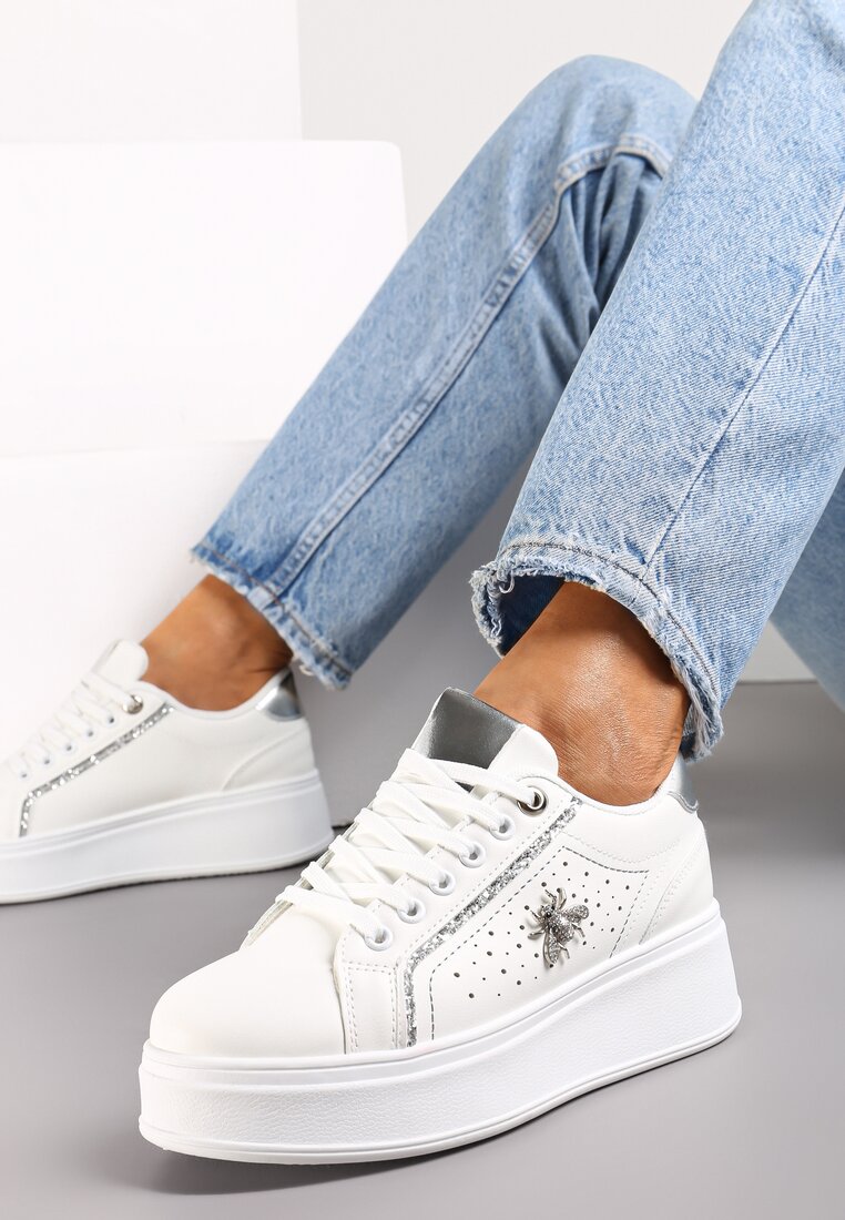 Sneakers Alb-Argintii cu Talpă Groasă și Decorațiuni cu Sclipici Pirola