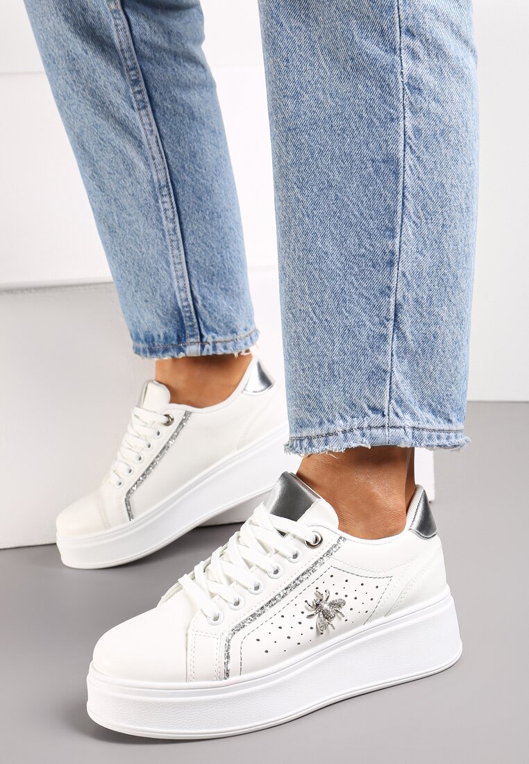 Sneakers Alb-Argintii cu Talpă Groasă și Decorațiuni cu Sclipici Pirola